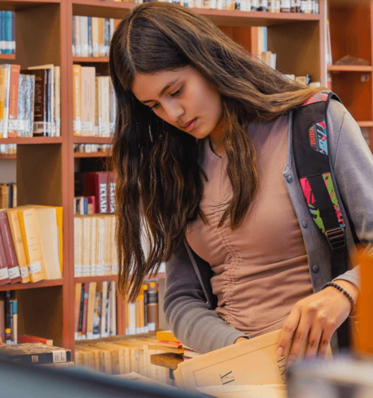 Estudiante consultando material en la biblioteca